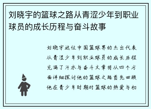 刘晓宇的篮球之路从青涩少年到职业球员的成长历程与奋斗故事